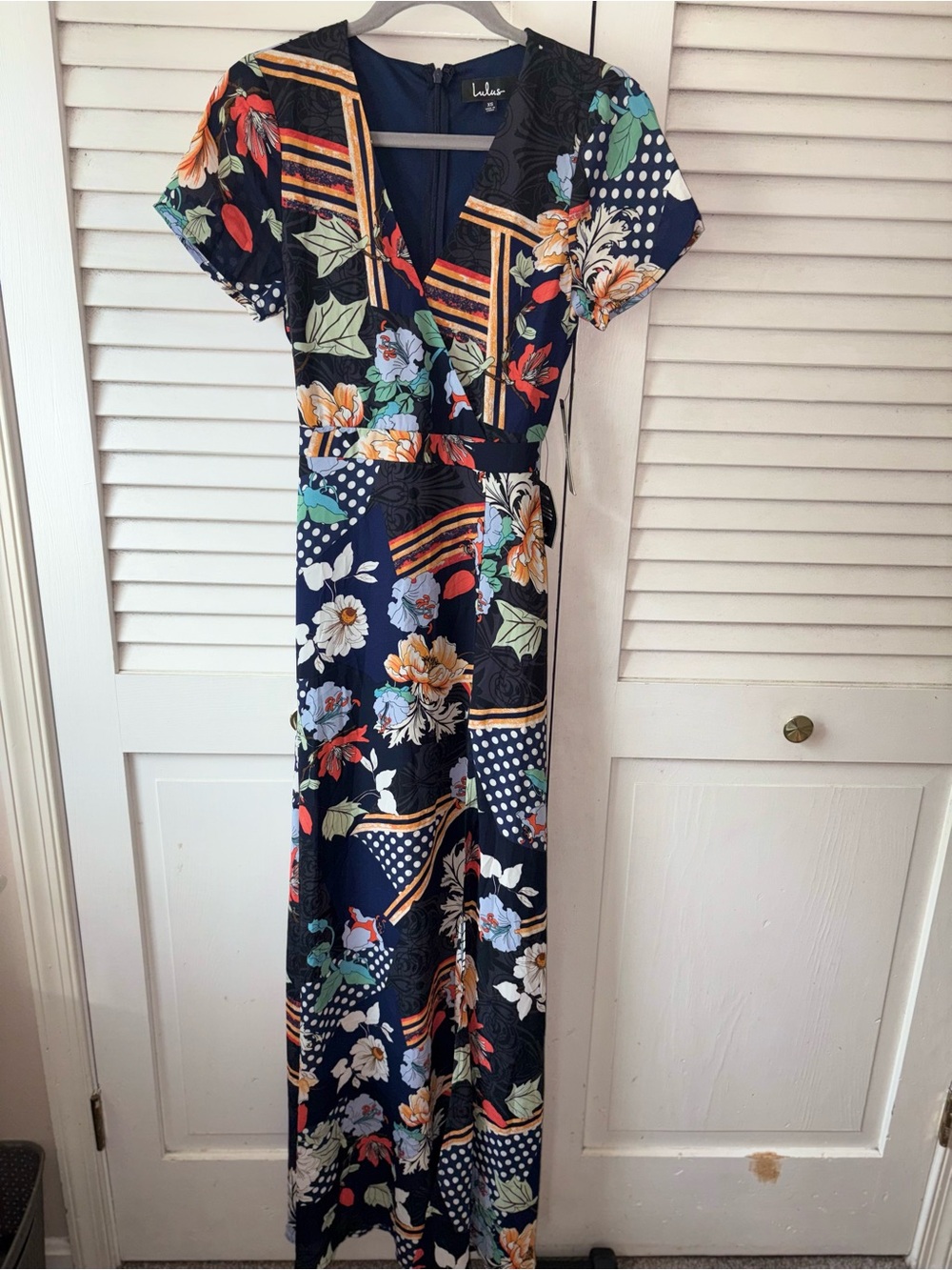 NWT Lulus Floral Wrap Maxi Dress XS Navy Boho Wedding Guest Slit - Picture 2 of 6